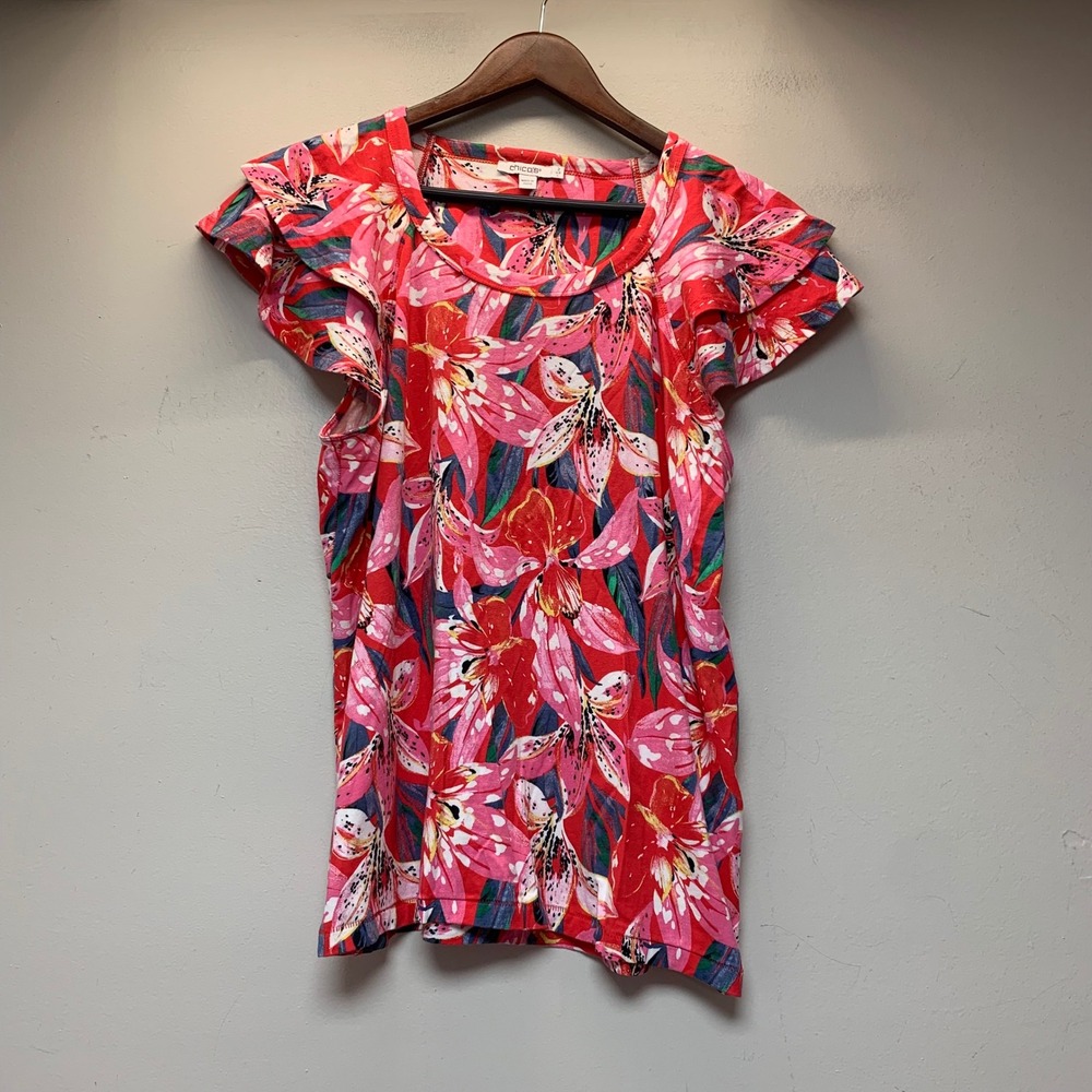 Chico's Knit Top Women 2 L Red Floral Excellent Flutter Sleeve Lily Print 15365
